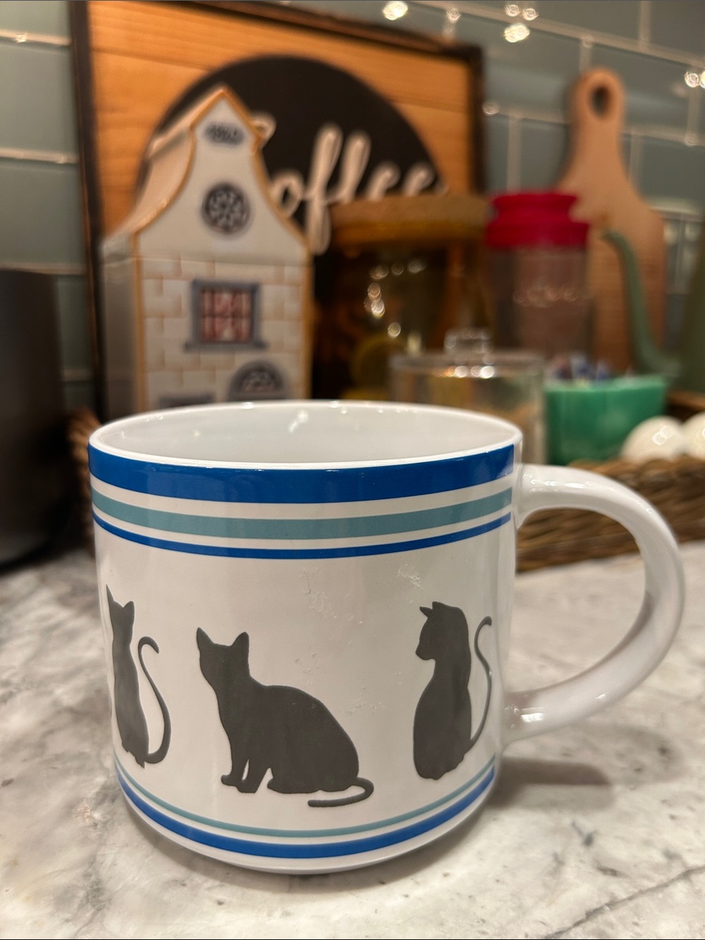 16 oz cool cats in silhouette Ceramic coffee Mug with Blue Stripes